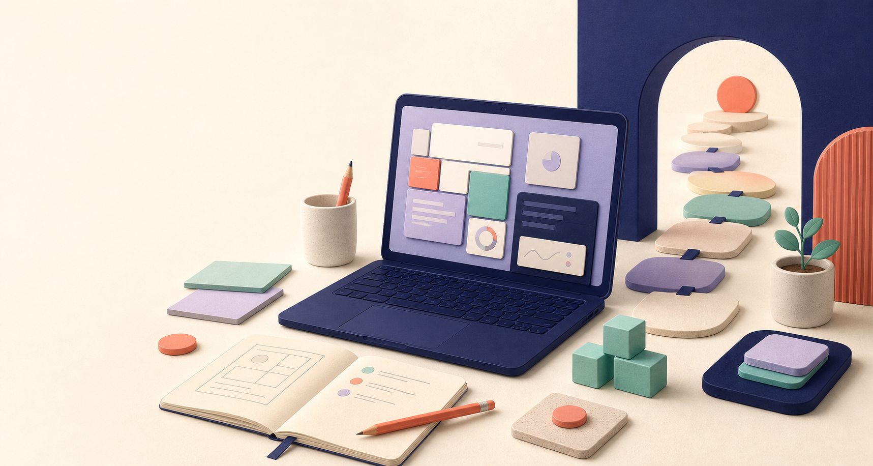 A calm creative workspace with a laptop, notebook, building blocks, and a pathway of colorful stepping stones